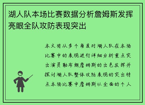 湖人队本场比赛数据分析詹姆斯发挥亮眼全队攻防表现突出