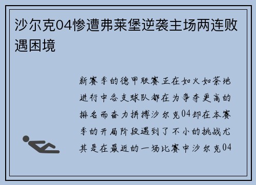 沙尔克04惨遭弗莱堡逆袭主场两连败遇困境
